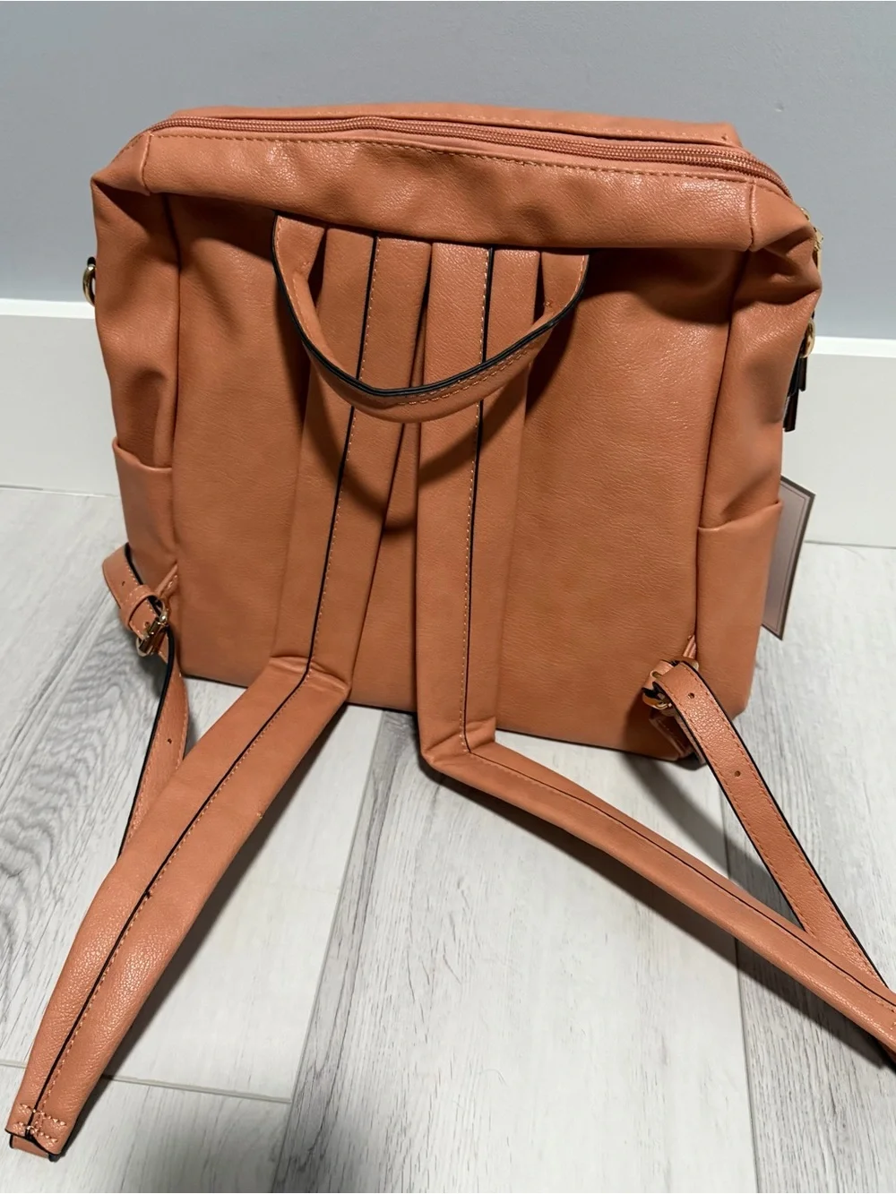 Women's Tan Faux-Leather Backpack with Front Zip Pocket